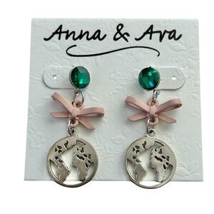 Anna & Ava Silver Earrings with Green and Pink Bow Accent